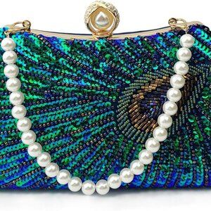 Women's Sequin Beaded Peacock Evening Clutch Purse Pearl Chain Vintage Handbag